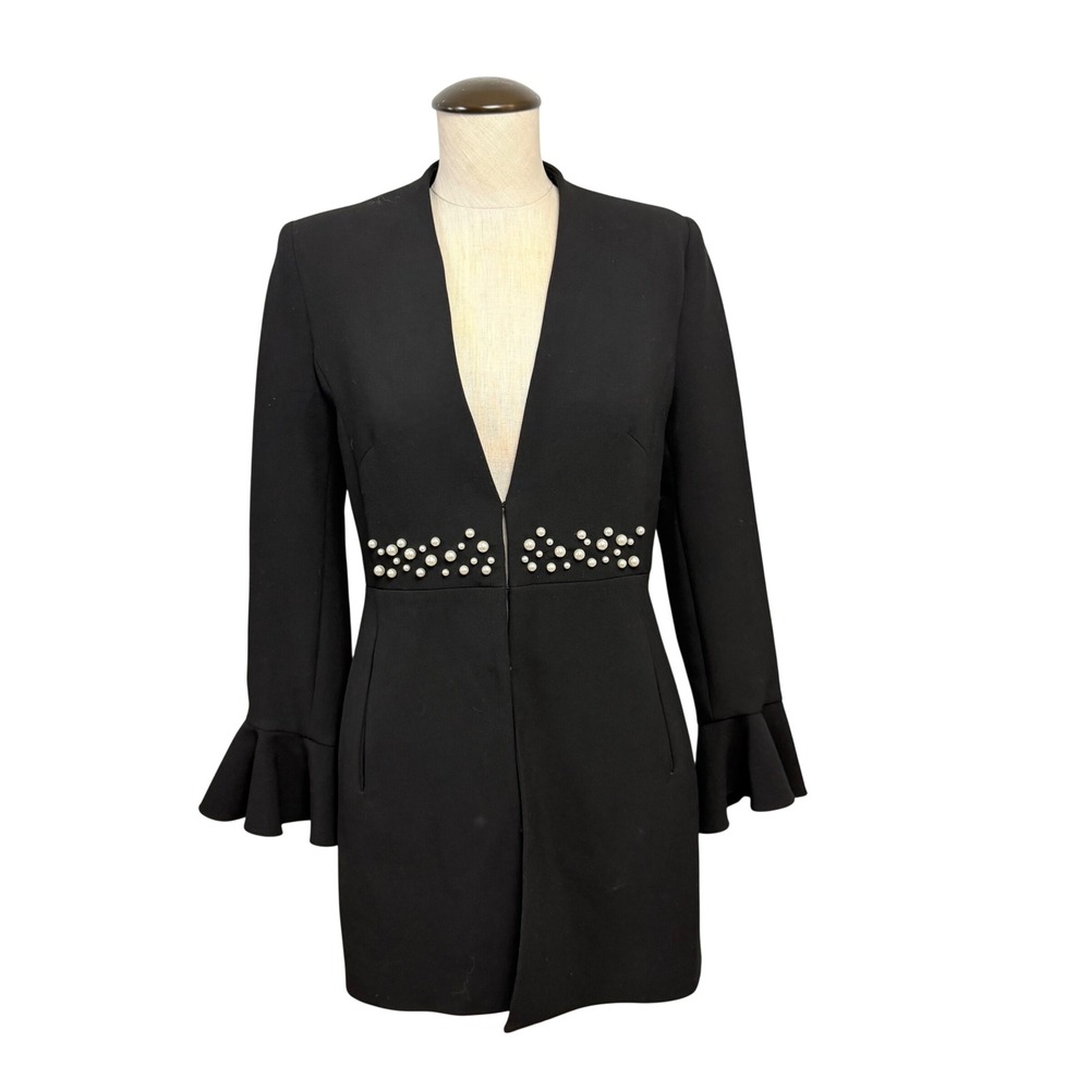 Zara Basic S Black Pearl Embellished Ruffle Bell Sleeve Longline Blazer Jacket